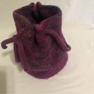 Dark plum hand knitted machine felted purse 100% wool 7” deep.
